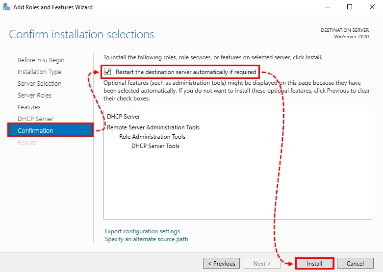 Confirming the DHCP Role selection to be installed on Windows Server 2022