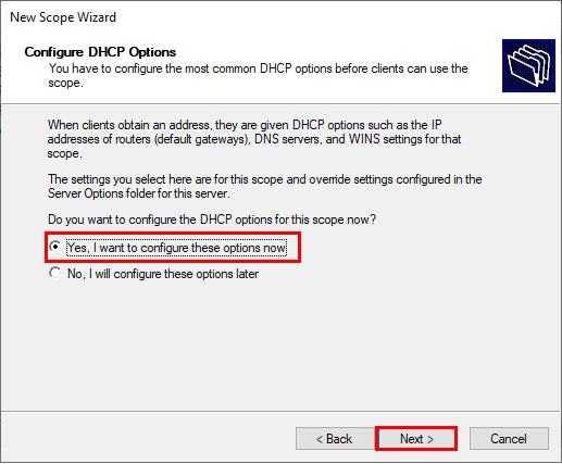 Option to Further Configure the DHCP scope