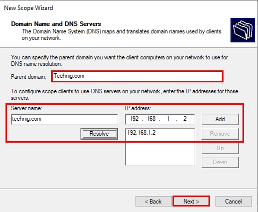Specifying the Domain Address in a DHCP Scope
