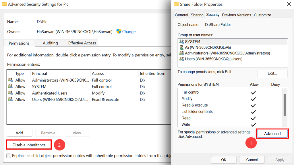 Disabling inheritance Window/How to Configure NTFS Permissions in Windows Server 2022