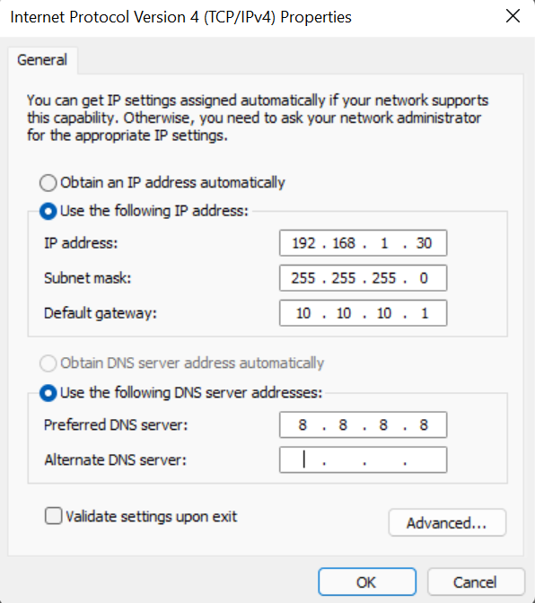 Set IP address using control panel