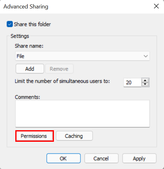 Permissions on Advanced Sharing window