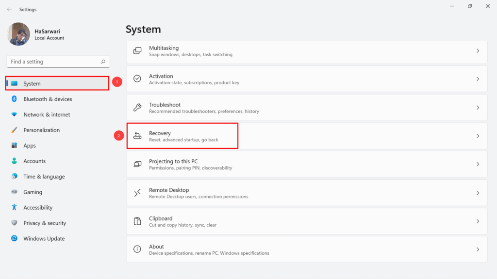 Recovery option in System Settings