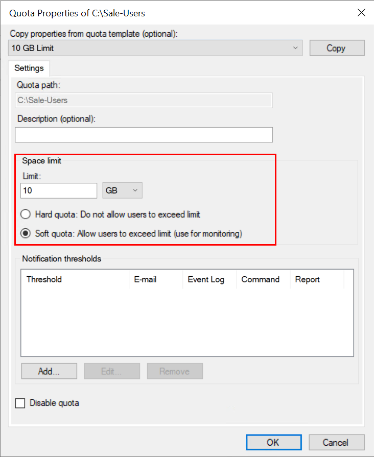 Specify the Type of Quota and Space Amount