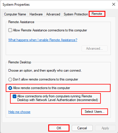 Allow remote connections in Windows 11.
