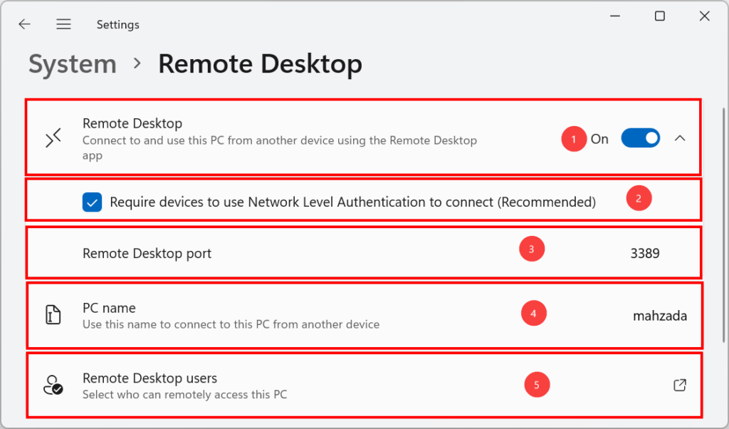 Enable and configure Remote Desktop through settings in Windows 11.