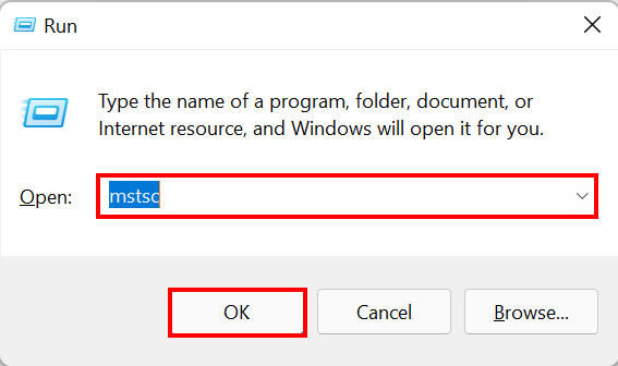 Run the "mstsc" command to open Remote Desktop Connection.