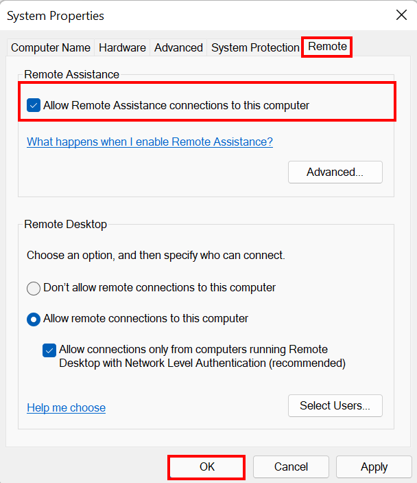 Allow remote assistance connection