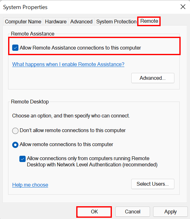 Allow remote assistance connection 