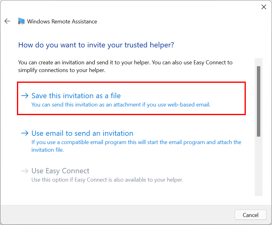 Save Remote Assistance invitation as a file