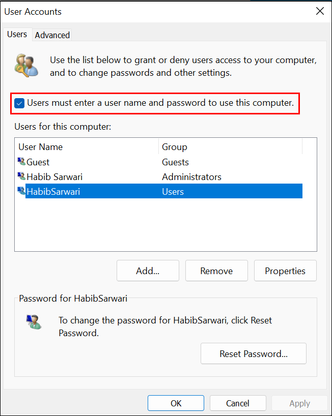 User Account Panel Window