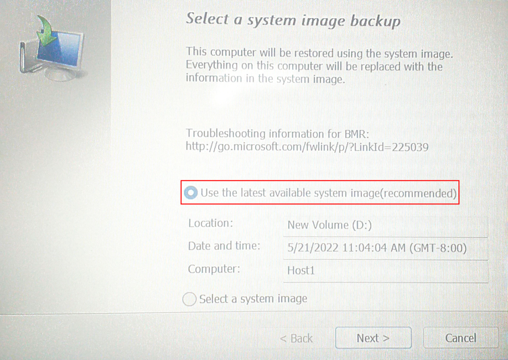 Select the Image Backup