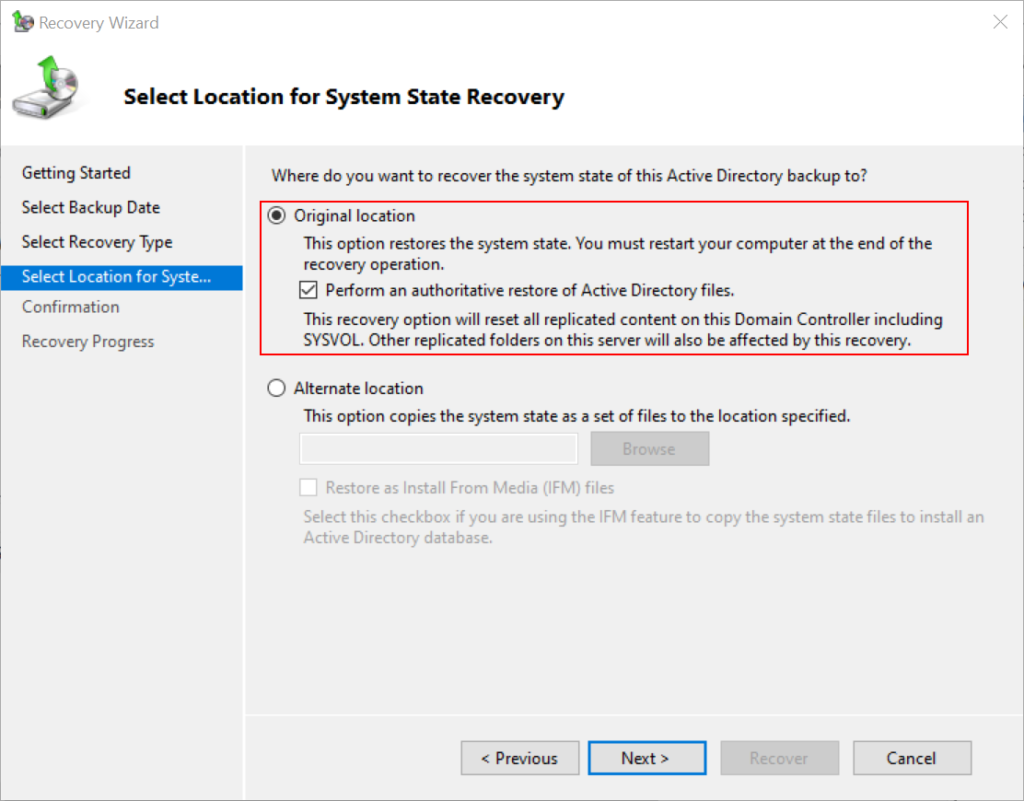 Select Location for System State Recovery